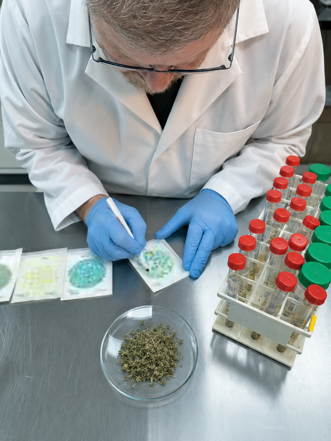 Scientist examining cannabis samples